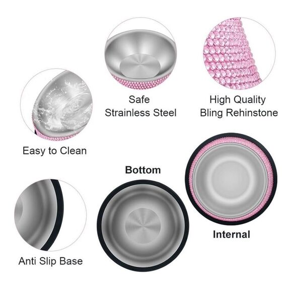 Pink Rhinestone Covered Stainless Steel Dog Cat Small Pet Food and/or Water Bowl - Picture 6 of 10